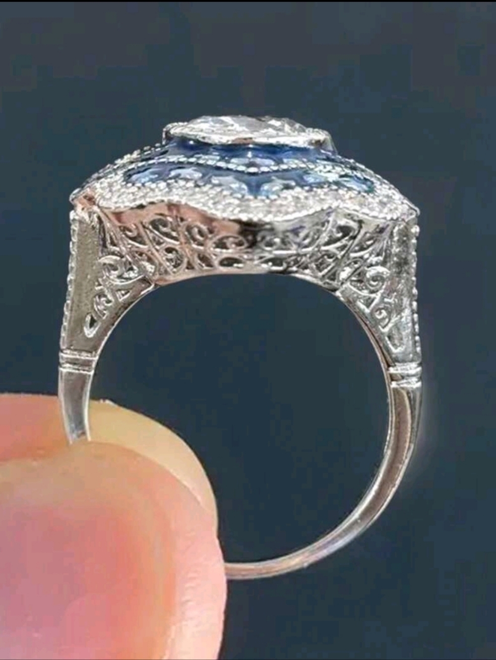 BRAND NEW ** Art Deco Blue Crystal Halo Statement Ring - Picture 5 of 6